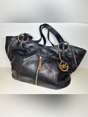 Michael Kors Black Leather Shoulder Bag with Gold-Tone MK Charm